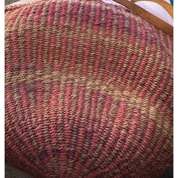 Vintage Woven Sisal Market Tote Bucket Bag Leather Straps Round Striped Boho - Picture 5 of 13